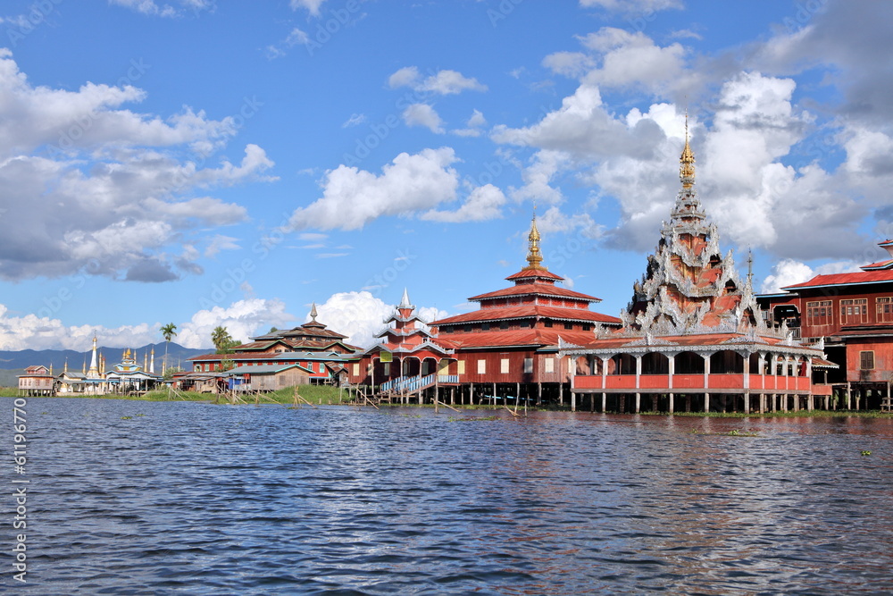 Buddhist monastery standing on stilts on the water, Myanmar Buddhist monastery standing on stilts on the water, Myanmar