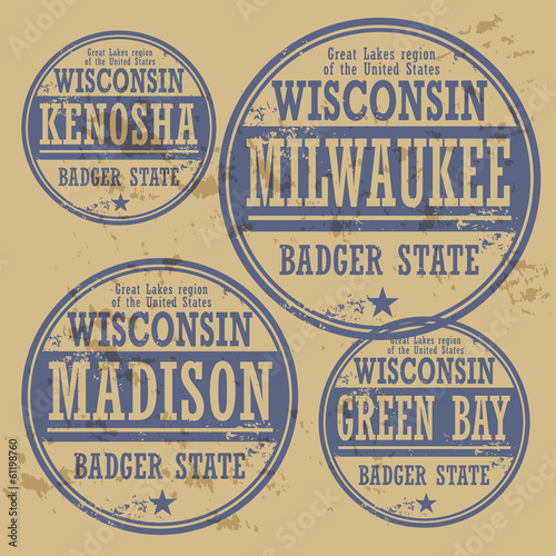 Grunge rubber stamp set with names of Wisconsin cities
