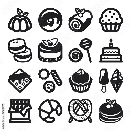 Desserts flat icons. Black