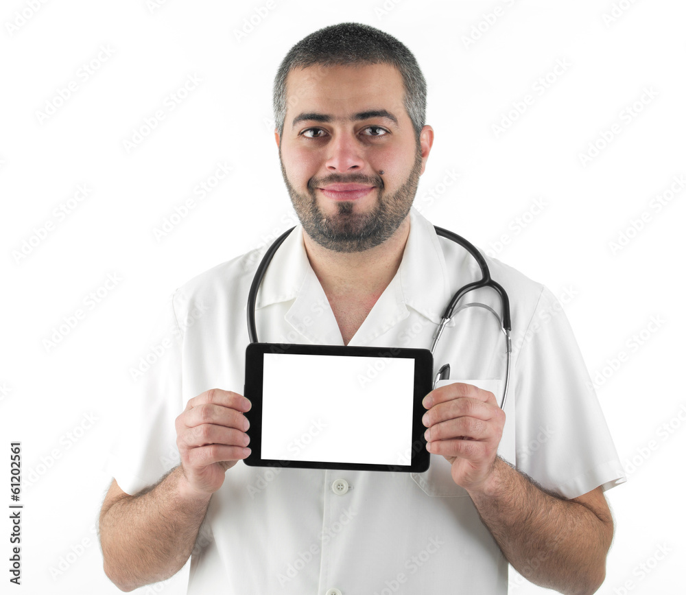 Male doctor holding a pad for presentation isolated Male doctor holding a pad for presentation isolated