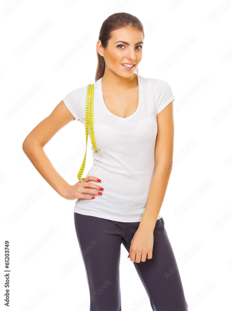 Young smiling healthy woman with centimeter tape Young smiling healthy woman with centimeter tape