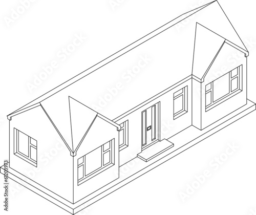 3d isometric line drawing of a single story house or bungalow
