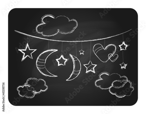 Black chalkboard with white clouds moon and stars
