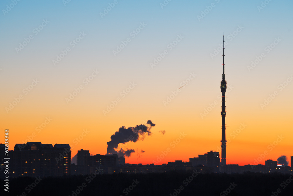 Moscow TV tower and blue and orange sunrise