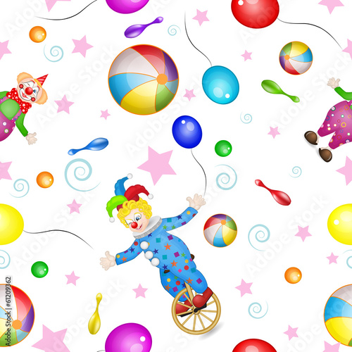 Pattern with funny clowns and toys