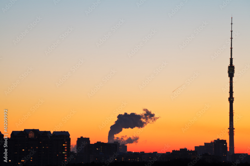 Moscow skyline with TV tower and orange sunrise