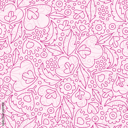 Fototapeta Naklejka Na Ścianę i Meble -  Vector pink flowers lineart seamless pattern background with