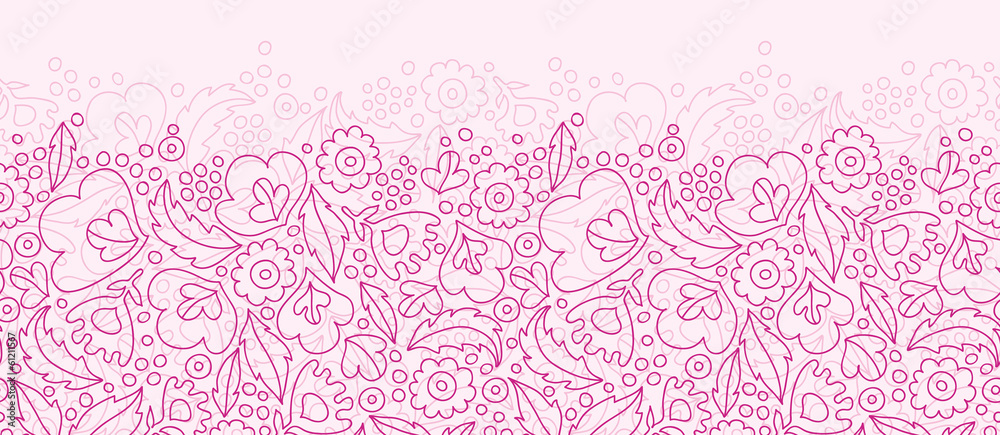 Fototapeta Vector pink flowers lineart horizontal seamless pattern