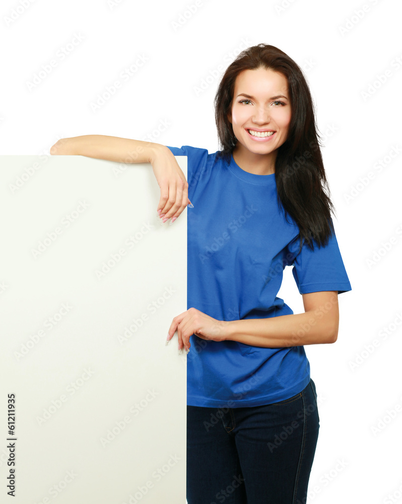 Young woman with blank board banner Young woman with blank board banner
