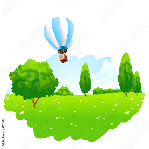 Green Landscape with Hot Air Balloon in the Sky