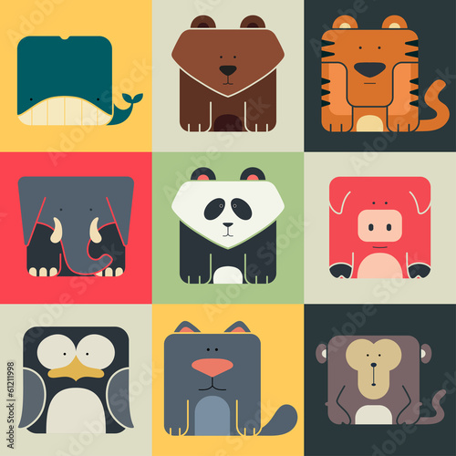 Set flat square icons of a cute animals