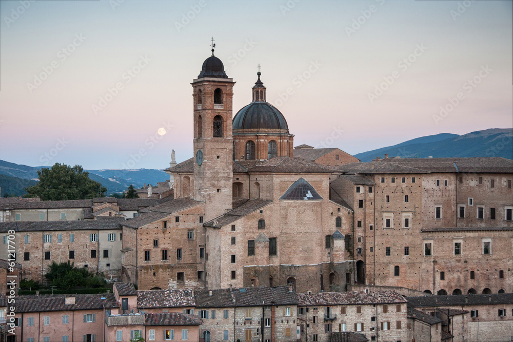 evening panoramic view of the city of Urbino, Italy
