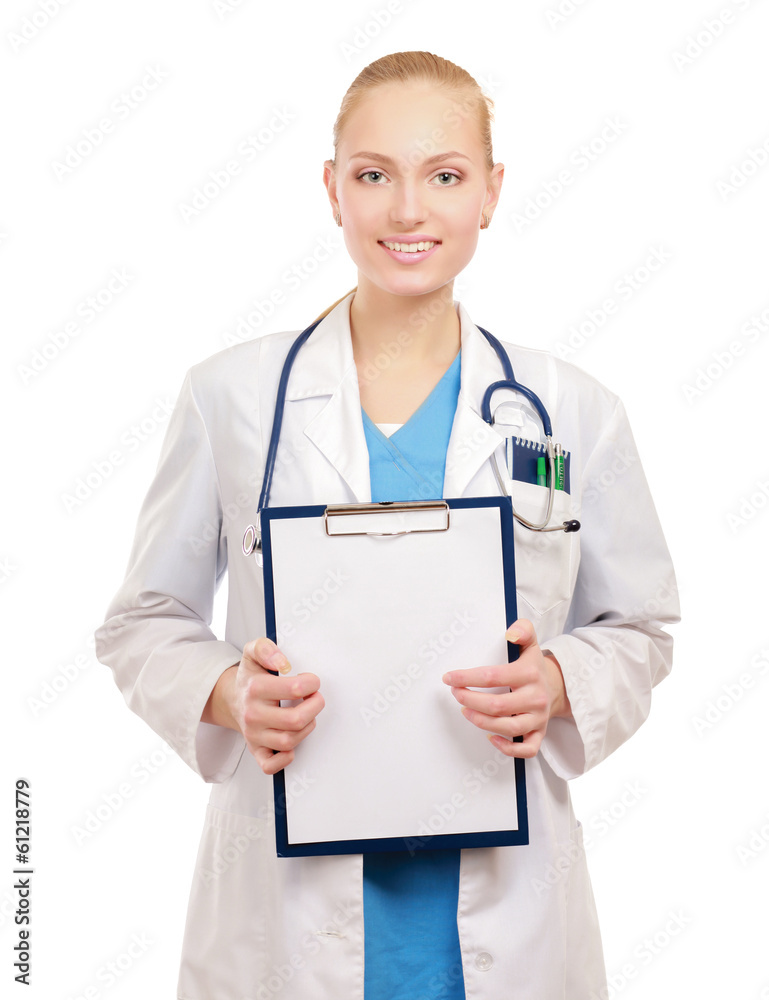 Young doctor with stethoscope and clipboard Young doctor with stethoscope and clipboard