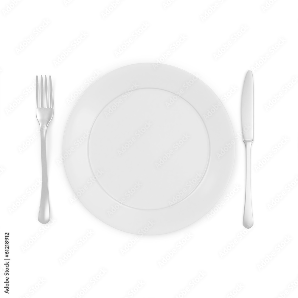 Empty white Plate with Fork and Knife isolated on white Empty white Plate with Fork and Knife isolated on white