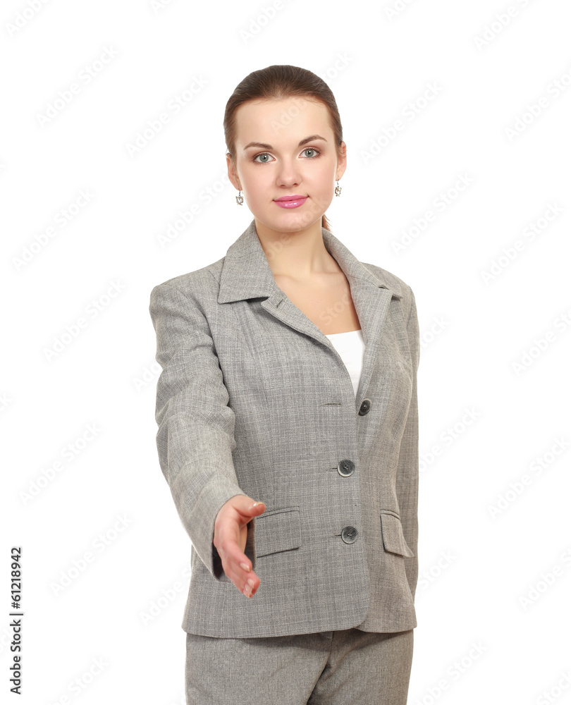 Portrait of a young attractive woman giving her hand