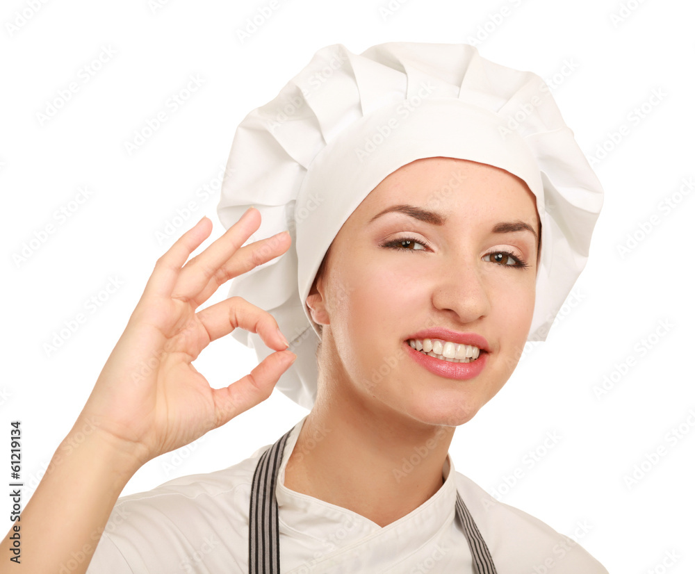 Attractive cook woman showing ok over white background. Attractive cook woman showing ok over white background.