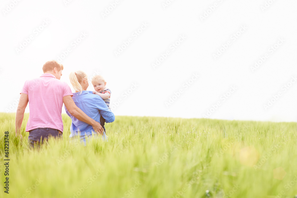 Family Walking In Field Carrying Young Baby Son Family Walking In Field Carrying Young Baby Son