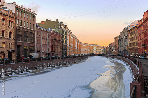 beautiful sunrise on the river Moika winter. St. Petersburg