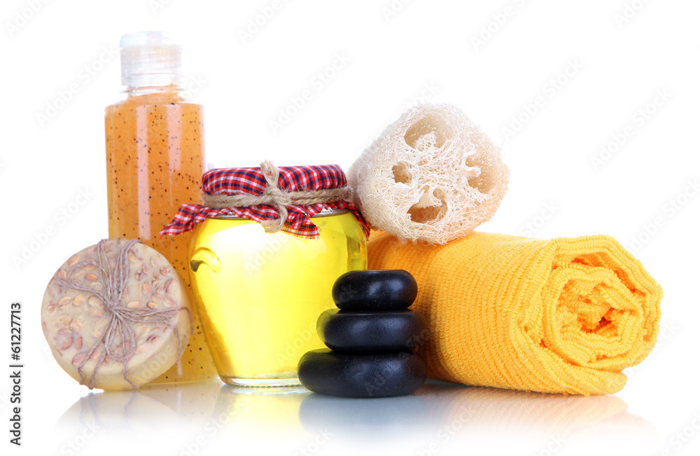 Spa and massage settings with natural honey, isolated on white Spa and massage settings with natural honey, isolated on white