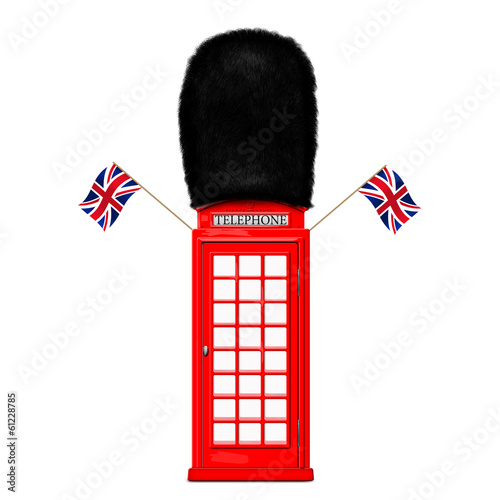 Red telephone booth in the guards cap and with British flags