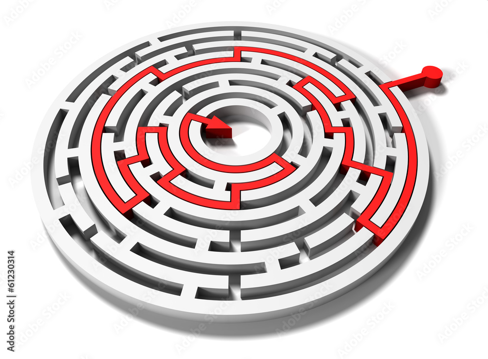 round maze with red arrow in goal round maze with red arrow in goal