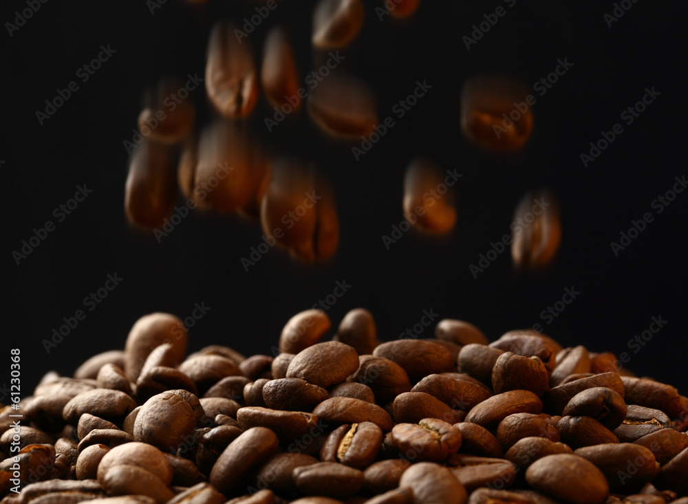 Obraz premium Brown coffee beans falling down