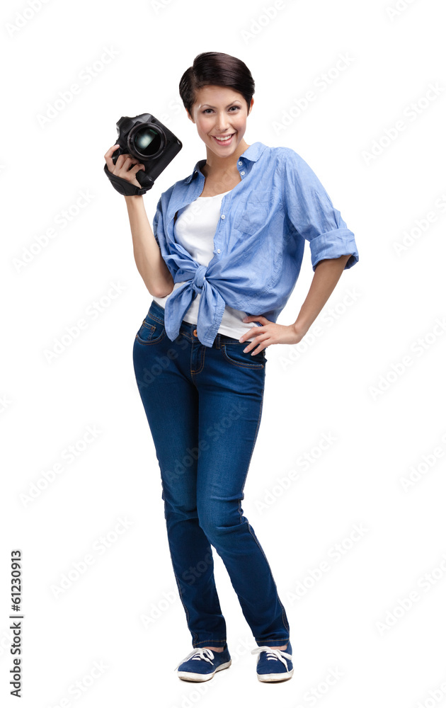 Obraz premium Woman-photographer takes snaps, isolated 