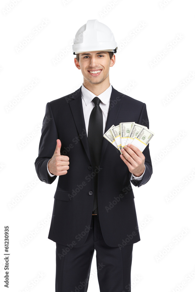 Businessman in helmet hands money and thumbs up Businessman in helmet hands money and thumbs up