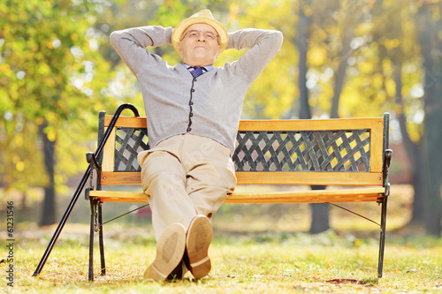 Foto Relaxed senior gentleman sitting on a bench in a park
