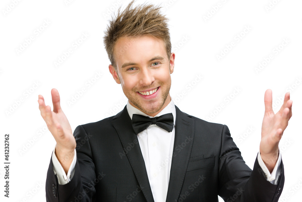 Half-length portrait of manager praying with hands up Half-length portrait of manager praying with hands up