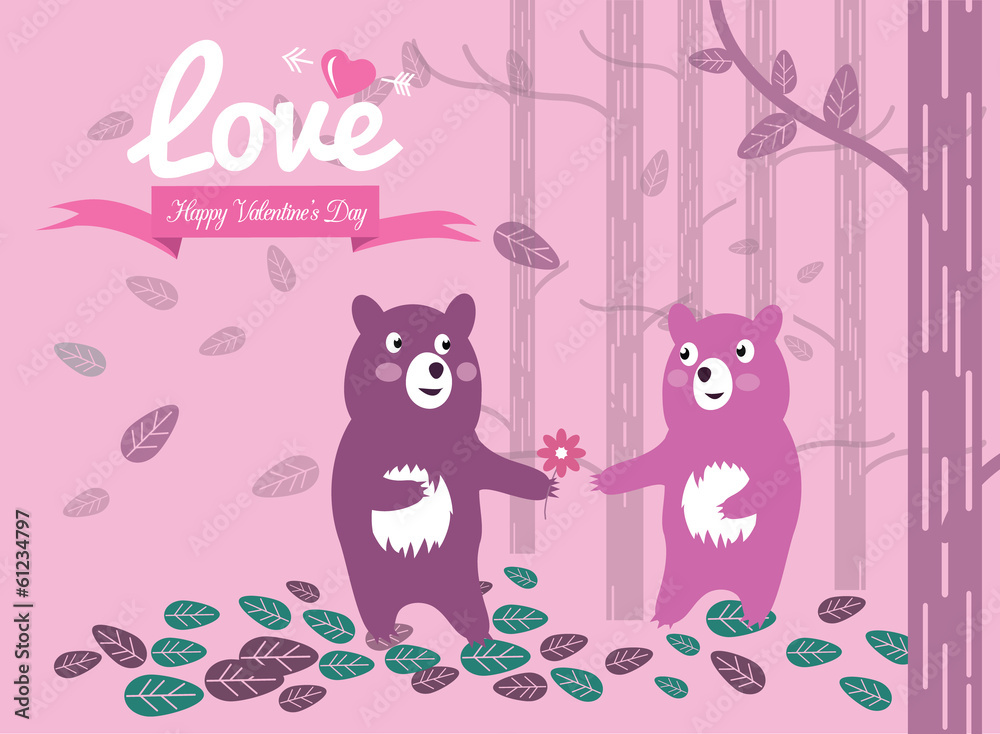 Cute couple bears in the forest. Valentine's Day Cards