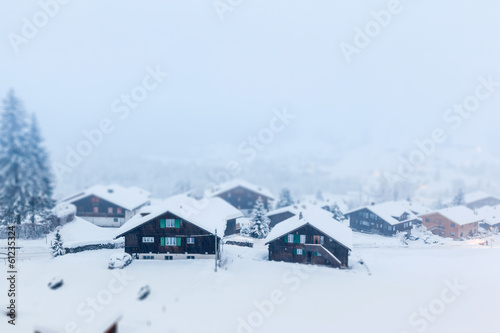Swiss Village in Winter with Tilt-Shift Effect