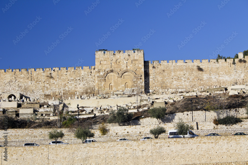 View of Golden gates in Jerusalem's Old City Walls, garden and a
