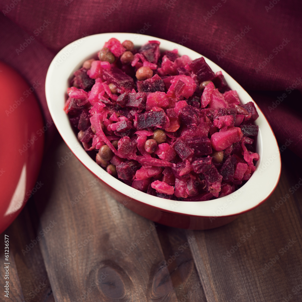 Russian traditional beetroot salad, above view Russian traditional beetroot salad, above view