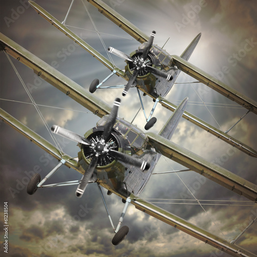 Retro style picture of the biplanes. Transportation theme.