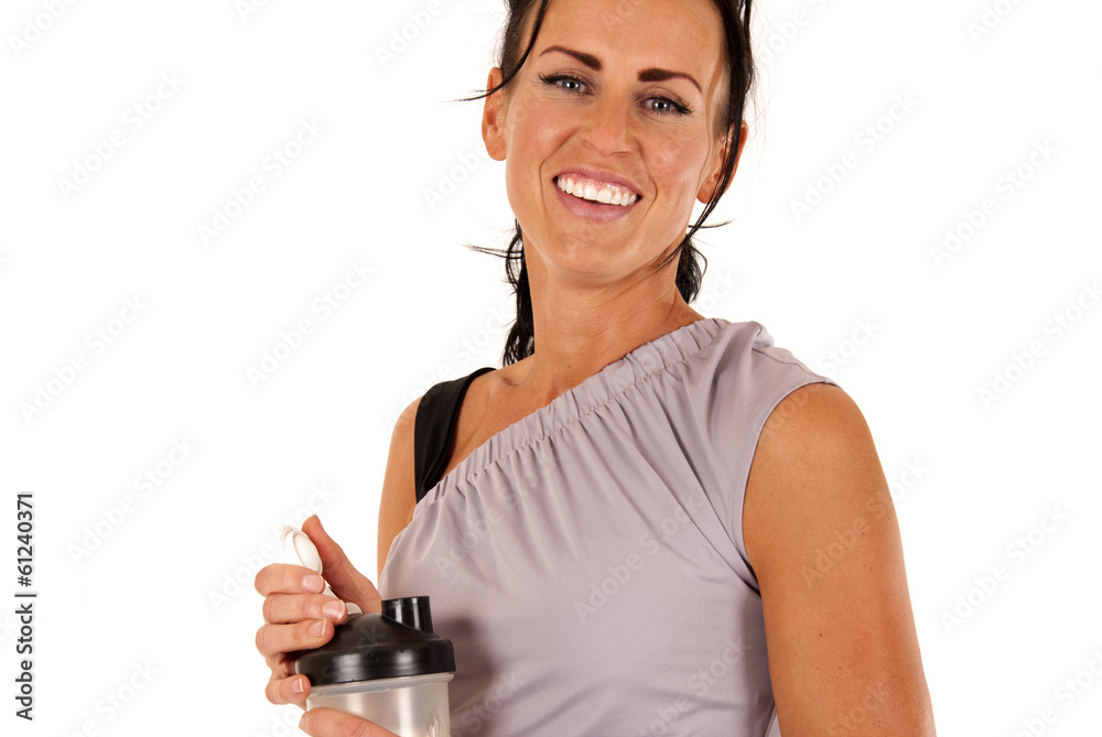 Smiling female model with water bottle after workout Smiling female model with water bottle after workout