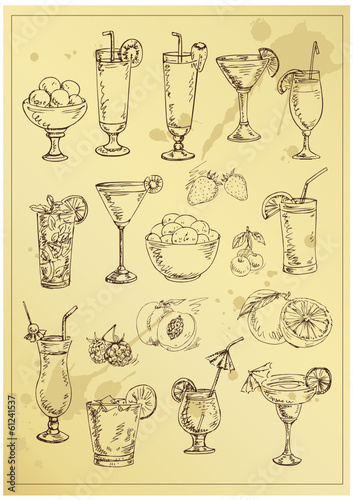 set of hand drawing alcohol coctails and fruit