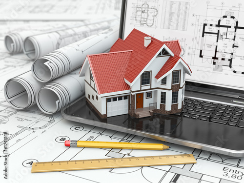Fototapeta Naklejka Na Ścianę i Meble -  Laptop, house and blueprint with project.