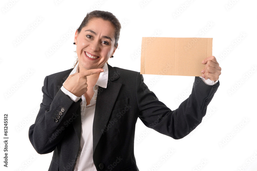 happy busy business woman holding blank sign happy busy business woman holding blank sign