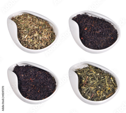 set of different teas on white background