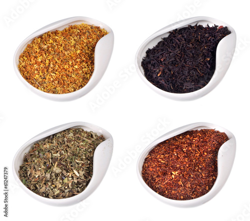 set of different dry teas isolated on white