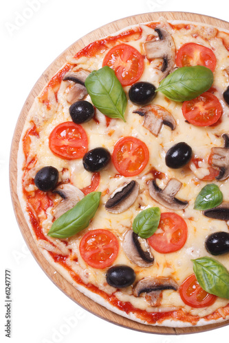 Mushroom pizza with olives isolated on white background