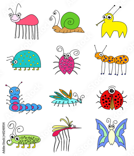 Collection Of Funny Colored Insects Bugs Isolated On White
