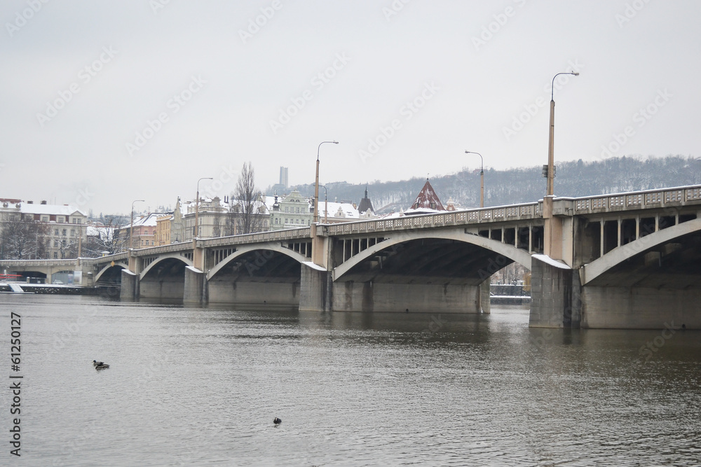 View of the bridge over the Vltava river in Prague