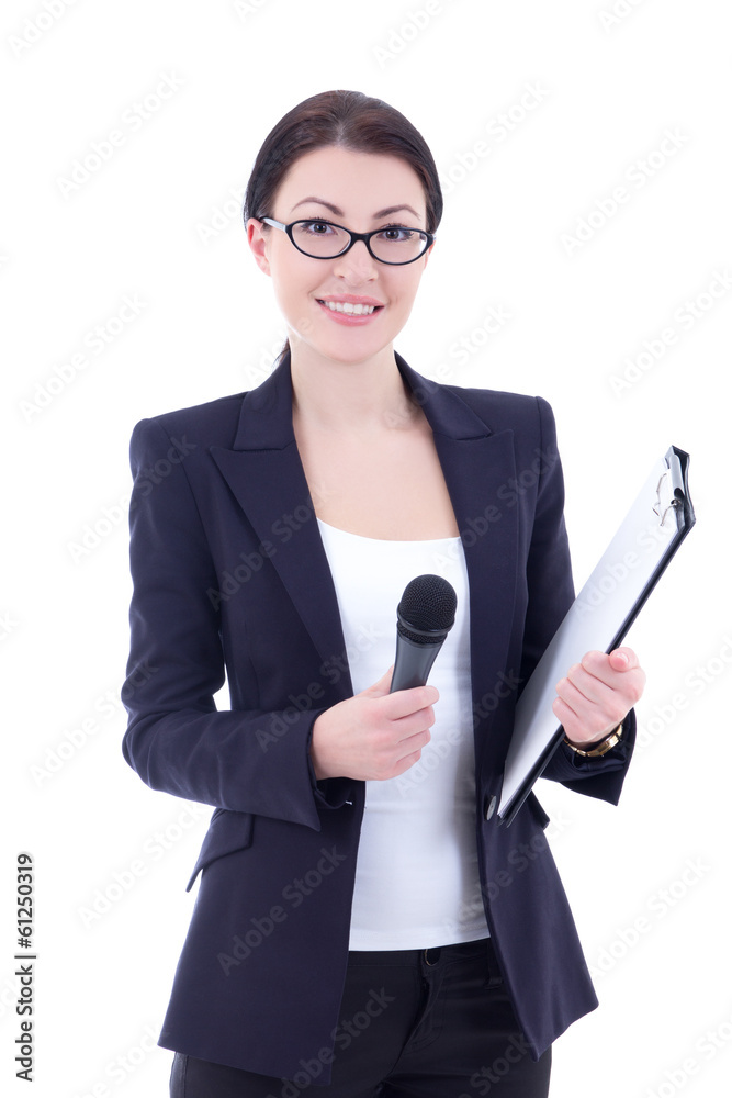 portrait of female journalist with microphone and clipboard isol portrait of female journalist with microphone and clipboard isol