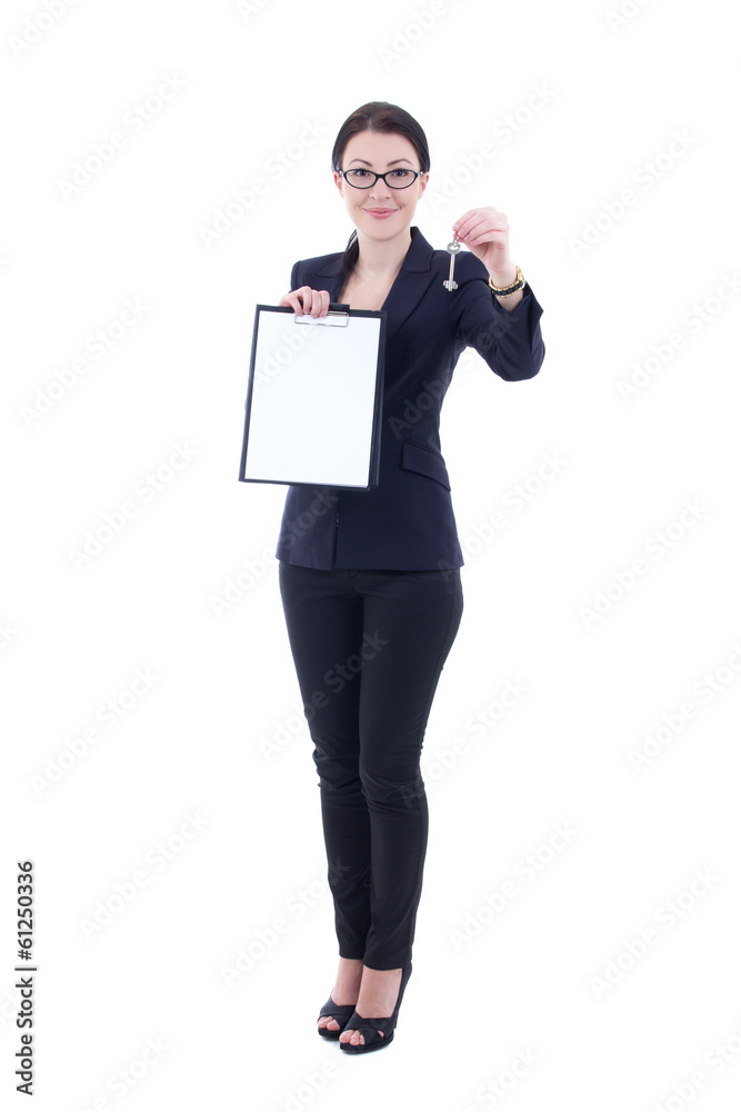 female estate agent with clipboard and metal key isolated on whi female estate agent with clipboard and metal key isolated on whi
