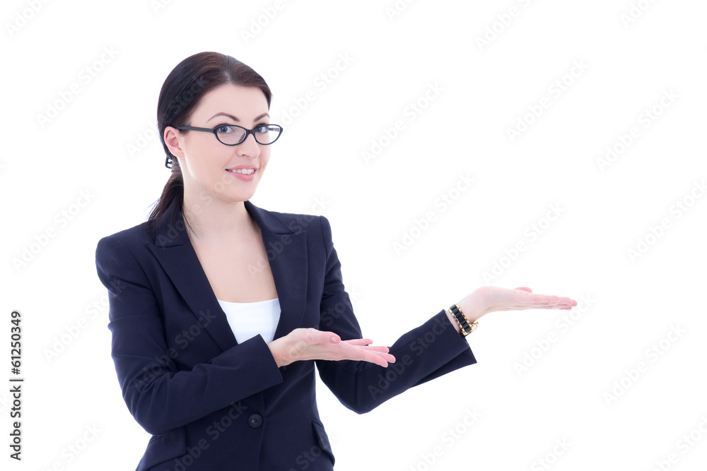 young beautiful business woman presenting a copyspace isolated o young beautiful business woman presenting a copyspace isolated o