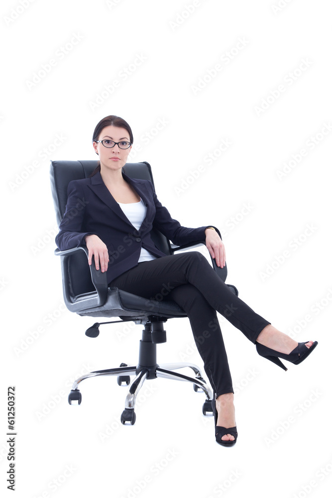 young businesswoman sitting on the chair isolated on white young businesswoman sitting on the chair isolated on white