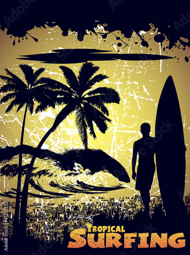 silhouette of a surfer on a tropical beach in grunge style