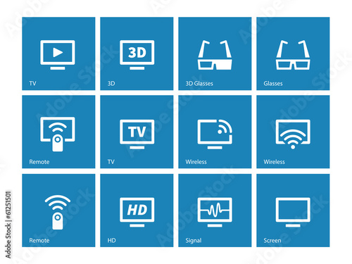 TV icons on blue background. Vector illustration.